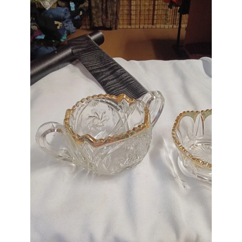 Vintage Crystal Sugar and Creamer Set with Gold Trim
